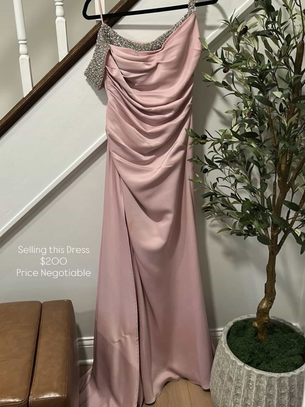 Beaded Strap Pink Draped Prom Gown